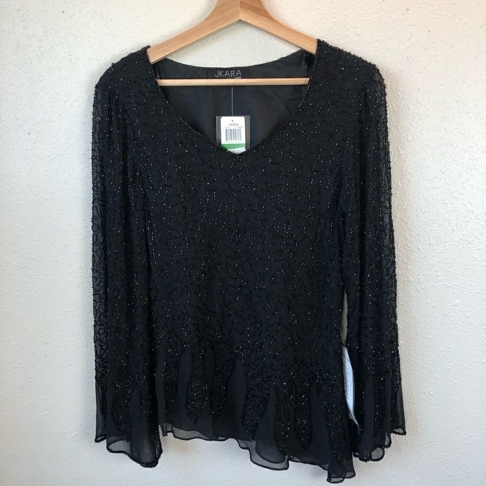 NWT JKARA New York Black Beaded Blouse Top Size L
